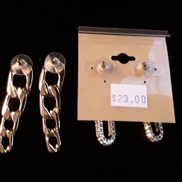 Chain look gold color post earrings with silver rhinestones (lot of 2) - Picture 4 of 7